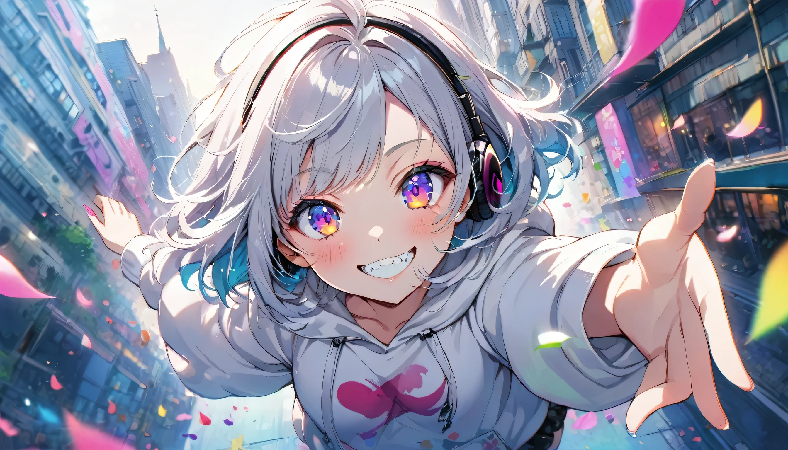 ((Masterpiece)), ((best quality)), (Anime:1.3), (super detail:1.2), (High Definition:1.3), (Professional Photography:1.3),cute young Girl, Glossy unruly hair, (loose swept bangs), (silver ash hair), medium hair, big eyes, (Eye bags:1.3), (Long eyelashes), colorful eyes, (evil smile and blush), Glossy lips, (jagged teeth), ((white hoodie with oversized)), barearms, cute, (Pocket in hands), (colorful:1.3), gothic makeup, (jumping:1.3), (at City), colorful petals dance around her, early morning, wearing headphones, (dutch angle:1.3), (from above),