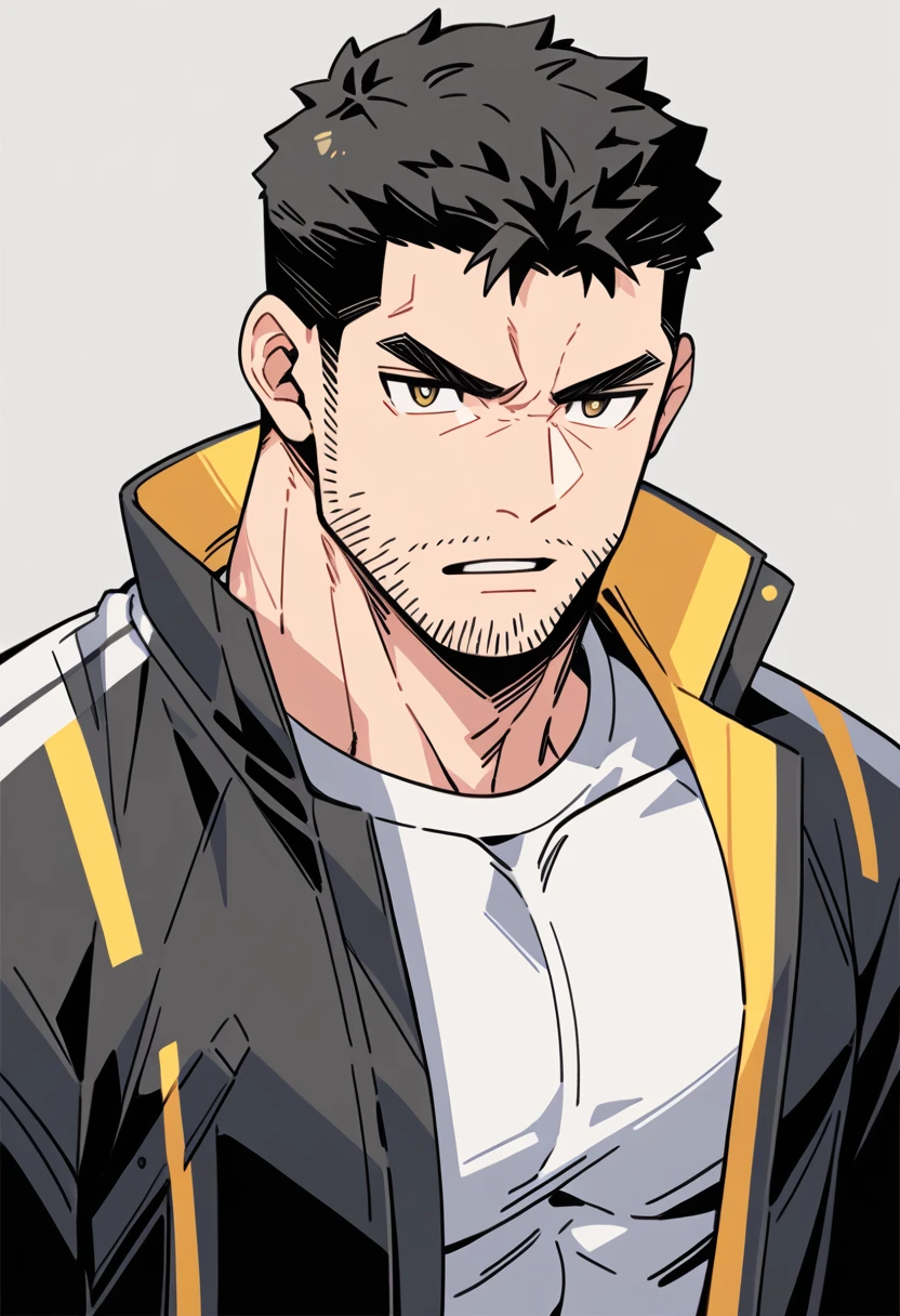 anime characters:Chris Redfield, Muscle Sports Student, Buzz Cut, Manliness, male focus, Dark black Yellow high collar long sleeve tight T-shirt, Very tight, full and perky chest muscles, muscular male, muscular, only, Upper body, alone, Black short hair, Thick eyebrows, stubble, Brown-red pupils, Grey background, simple background, amazing quality, best aesthetics, Ridiculous, parted lips, v-shaped eyebrows, scowl, disdain, best quality