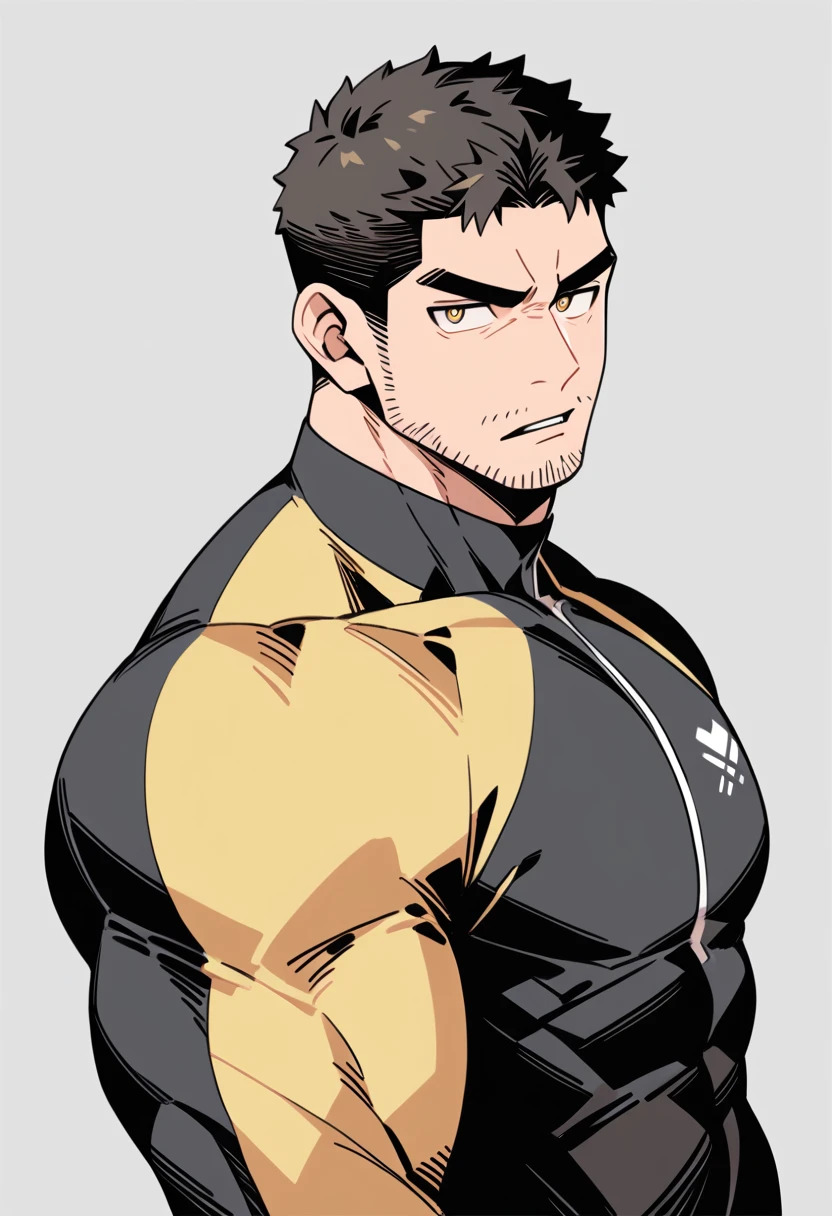 anime characters:Chris Redfield, Muscle Sports Student, Buzz Cut, Manliness, male focus, Dark black Yellow high collar long sleeve tight T-shirt, Very tight, full and perky chest muscles, muscular male, muscular, only, Upper body, alone, Black short hair, Thick eyebrows, stubble, Brown-red pupils, Grey background, simple background, amazing quality, best aesthetics, Ridiculous, parted lips, v-shaped eyebrows, scowl, disdain, best quality