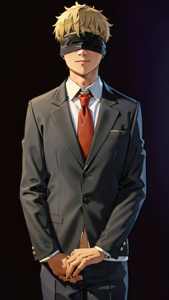 1boy,18s,short hair,blonde hair,smile,solo,(no background, simple background),red necktie,black jacket, blazer,long sleeves,pants,upper body,black Blindfold