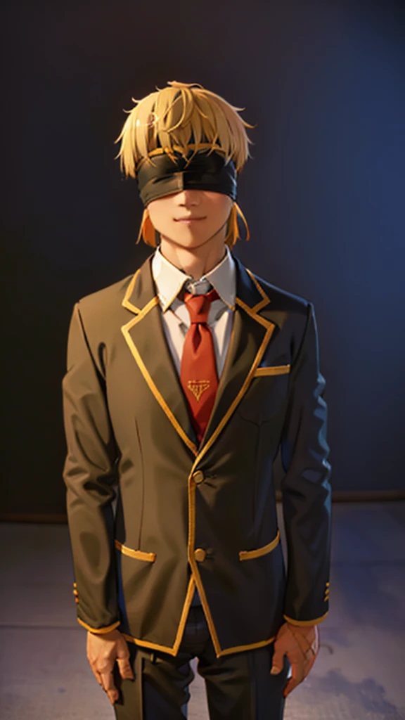 1boy,18s,short hair,blonde hair,smile,solo,(no background, simple background),red necktie,black jacket, blazer,long sleeves,pants,upper body,black Blindfold