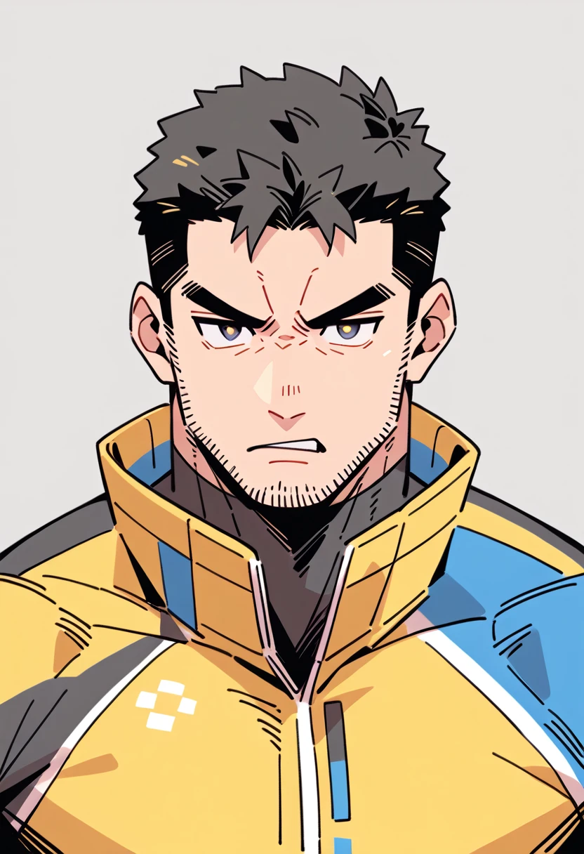 anime characters:Chris Redfield, Muscle Sports Student, Buzz Cut, Manliness, male focus, Dark black Yellow high collar long sleeve tight T-shirt, Very tight, full and perky chest muscles, muscular male, muscular, only, Upper body, alone, Black short hair, Thick eyebrows, stubble, Brown-red pupils, Grey background, simple background, amazing quality, best aesthetics, Ridiculous, parted lips, v-shaped eyebrows, scowl, disdain, best quality