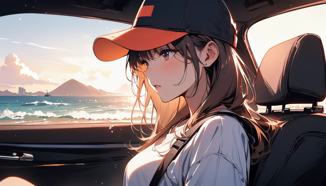 (masterpiece, Highest quality:1.2), 1 Girl, alone,Eyes open,Are you having fun,Tropical atmosphere,Riding in a car near the sea