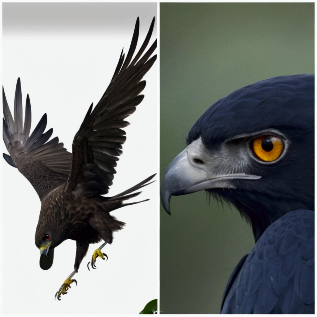 Place the head of the bird that has yellow eyes and the beak of a bird of prey on the bird that is flying with its wings open. , the bird that is in full body should be with the head of the image that is on the right ,bird of prey beak and round yellow eyes. Realistic and sharp image