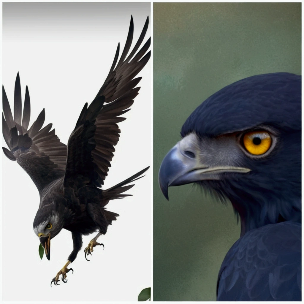 Place the head of the bird that has yellow eyes and the beak of a bird of prey on the bird that is flying with its wings open. , the bird that is in full body should be with the head of the image that is on the right ,bird of prey beak and round yellow eyes. Realistic and sharp image