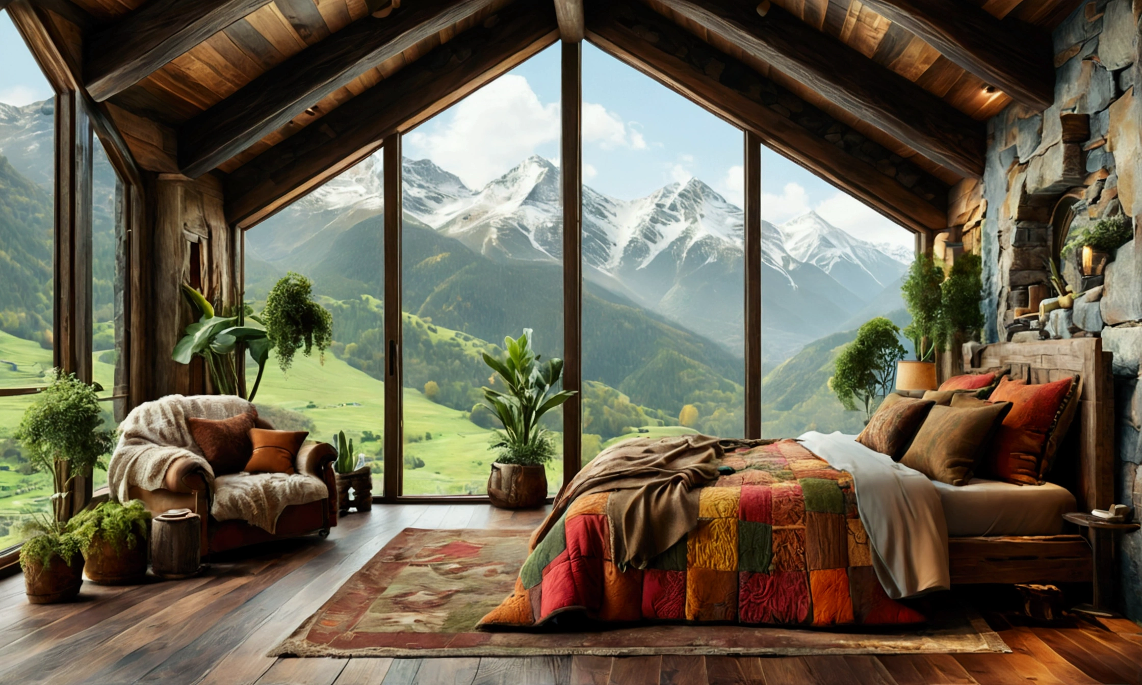 ((best quality)), ((masterpiece)), ((animated)) ,(detailed), (illustration), (colorful) , A mountain-style bedroom with stone walls and dark wood flooring. A large bed with a rustic wood headboard is dressed in woolen quilts and earthy-toned pillows. A small wooden table with a wrought iron lamp provides soft light. Large windows reveal a panoramic view of a green valley and mountains, with indoor plants in wooden pots. (Best quality),Warm color tones,Soft lighting