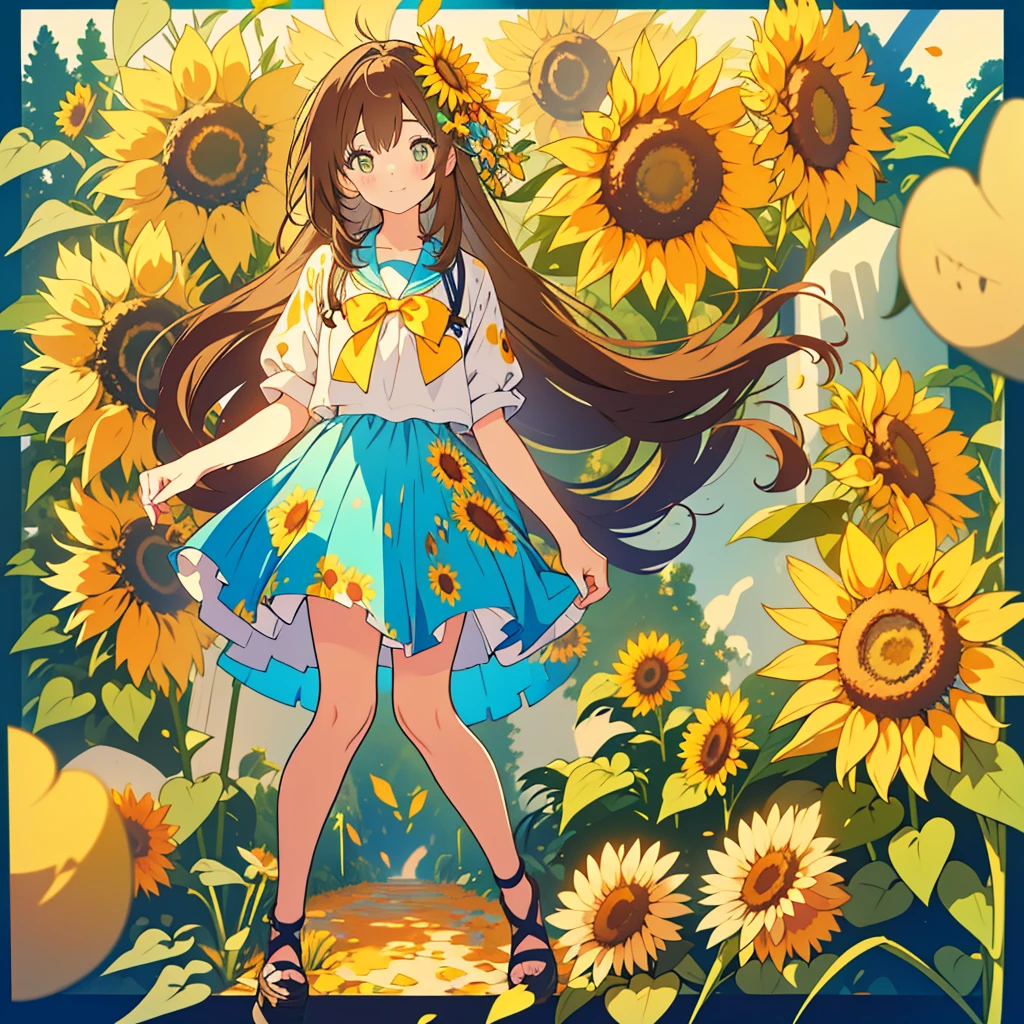 kawaii, anime, Cute, hyper quality, highly detailed, 16k, Front facing, Clarity, full body, one twenty year old woman, stain the whole thing with colorful ink, long brown hair, green eyes, paint color, countless sunflowers, surrounded by sunflowers, Trapped inside a Van Gogh painting, ephemeral, paint, paint, brush, live inside the canvas, art supplies, oil, wonder, mysterious, rainbow colored sunflowers, Richly colored, Brightly colored sunflowers, highlight on eyes, smile, splattered ink, scribble, countless handwritings, color palette, the bell rings, long hair flowing, Draw eyes clearly, art, taken in by sunflowers,