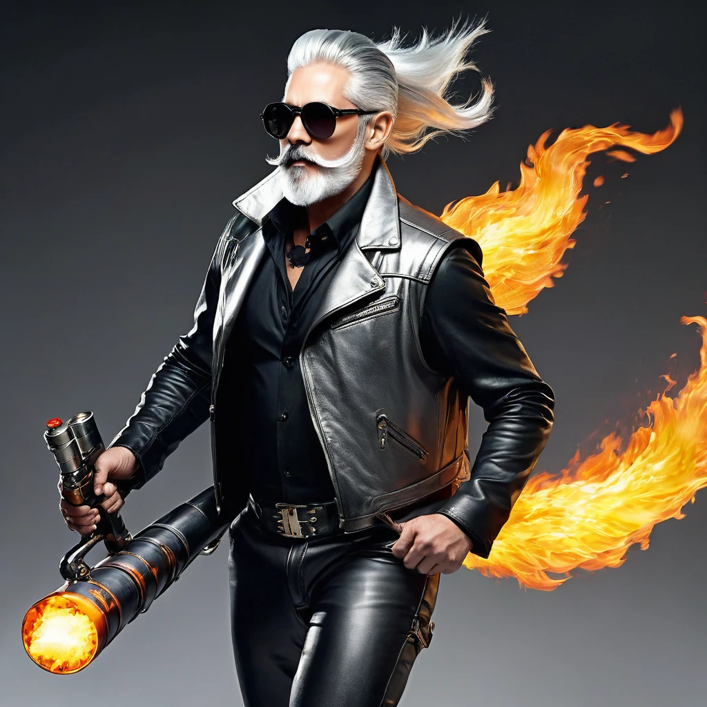 A cool guy, with slicked-back silver hair, a silver beard, round sunglasses, realistic, wearing a leather vest and leather trousers on bare skin, carrying a flamethrower on his shoulder, flying through the air with the flame of the flamethrower pointed downwards.