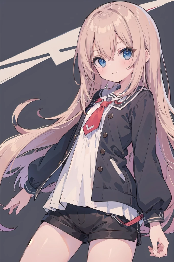 Make a female character from Boku no hero, make her with long straight scarlet hair, with blue eyes. Do it wearing a beige, semi-low-cut long-sleeved blouse and black shorts.. Make her smile and a little blush