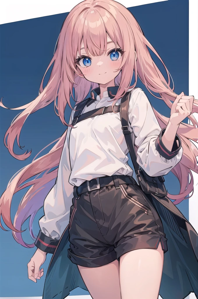 Make a female character from Boku no hero, make her with long straight scarlet hair, with blue eyes. Do it wearing a beige, semi-low-cut long-sleeved blouse and black shorts.. Make her smile and a little blush