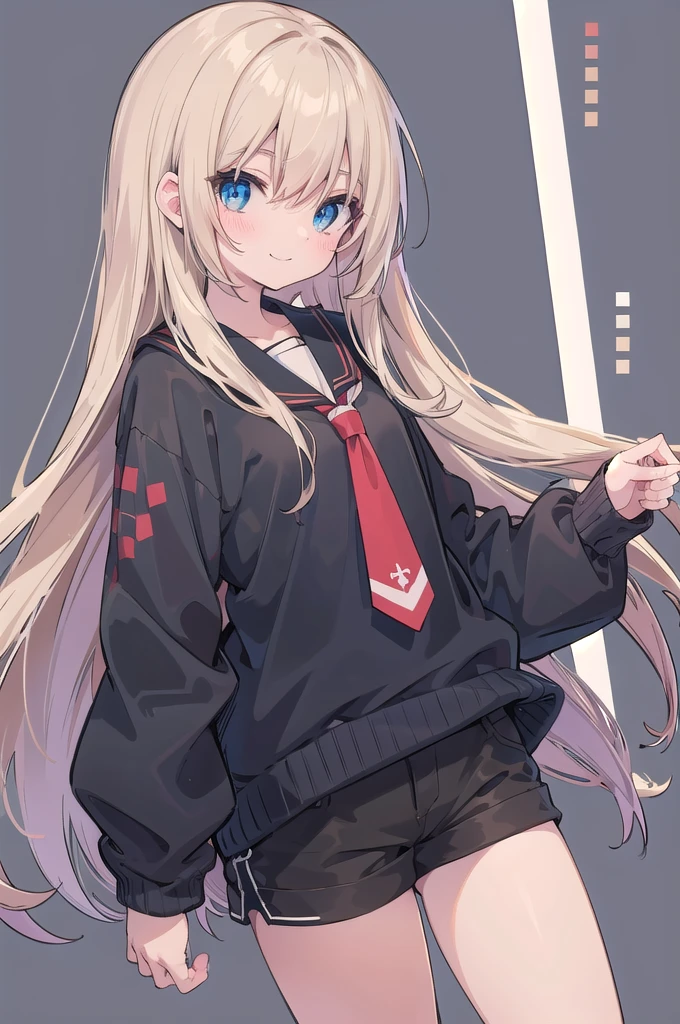 Make a female character from Boku no hero, make her with long straight scarlet hair, with blue eyes. Do it wearing a beige, semi-low-cut long-sleeved blouse and black shorts.. Make her smile and a little blush