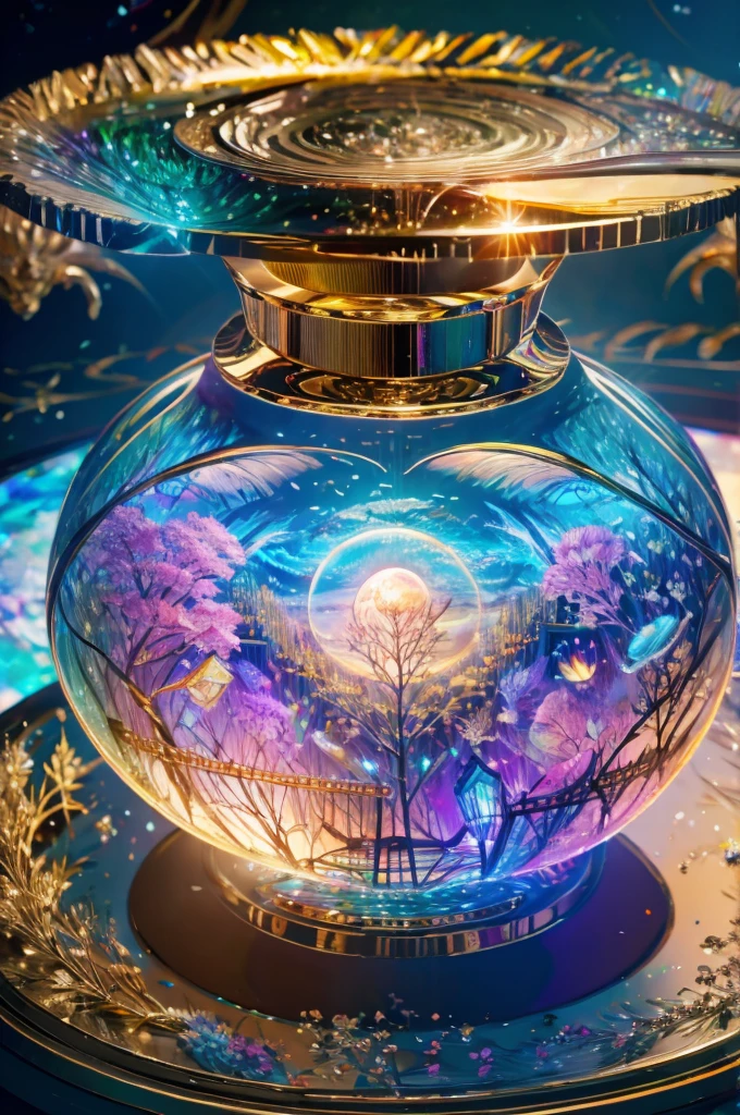 masterpiece、Highest quality、(A delicate and beautiful rainbow world trapped in a bottle)、World Masterpiece Theatre、High-resolution equirectangular projection、Highest quality、Consciousness upward、Material、canvas、Oil、realism、Realistic,wonderful景色,Utopia,An atmosphere full of dreams and hope,masterpiece.16K, Ultra-high resolution, Ultra-high resolution, to be born,wonderful ,future、Iridescent、The world 30 years from now。