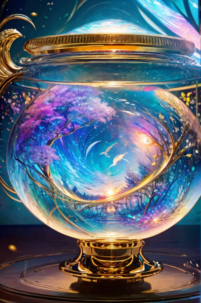 masterpiece、Highest quality、(A delicate and beautiful rainbow world trapped in a bottle)、World Masterpiece Theatre、High-resolution equirectangular projection、Highest quality、Consciousness upward、Material、canvas、Oil、realism、Realistic,wonderful景色,Utopia,An atmosphere full of dreams and hope,masterpiece.16K, Ultra-high resolution, Ultra-high resolution, to be born,wonderful ,future、Iridescent、The world 30 years from now。