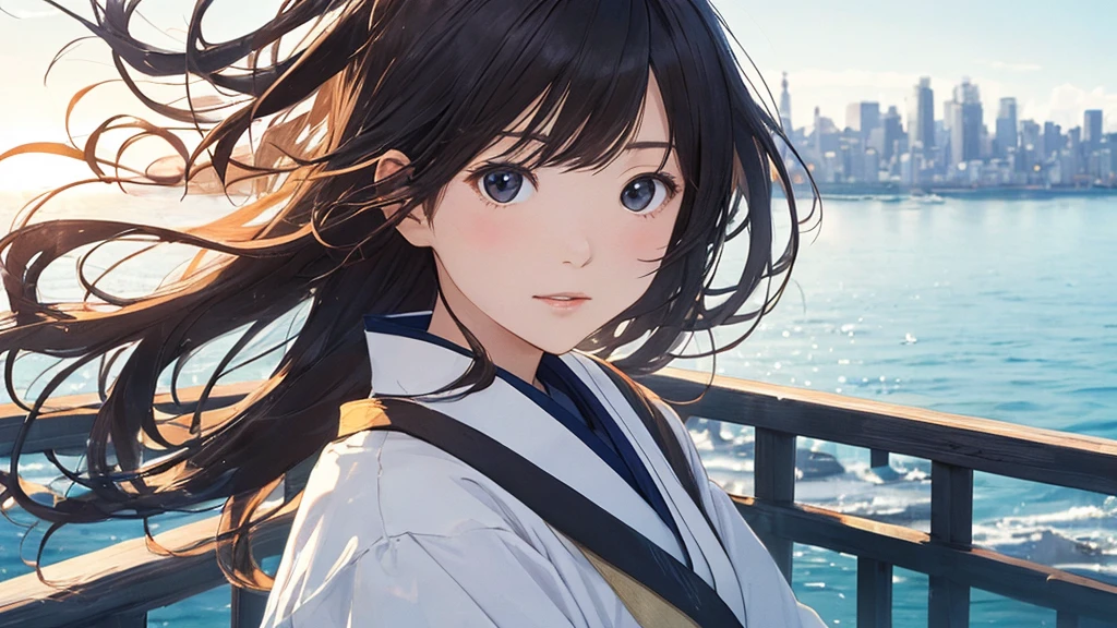 Shiraishi Mei, Looks exactly like Shiraishi Mei,Oceanの方を向いている後ろ姿、Woman looking up at the sky ,Long Hair, Dark brown hair, 2 girls, 18-year-old, photograph, Realistic, Highest quality, Detailed face, The background is the cityscape of Japan、Strong sunlight, Ocean, Embankment, Detailed Background, Diffused sunlight, Written boundary depth, Bokeh (Highest quality: 1.2), (masterpiece: 1.2), Watch Viewer, one piece, White Theme, ,Vision、(((Panorama:1.2)))