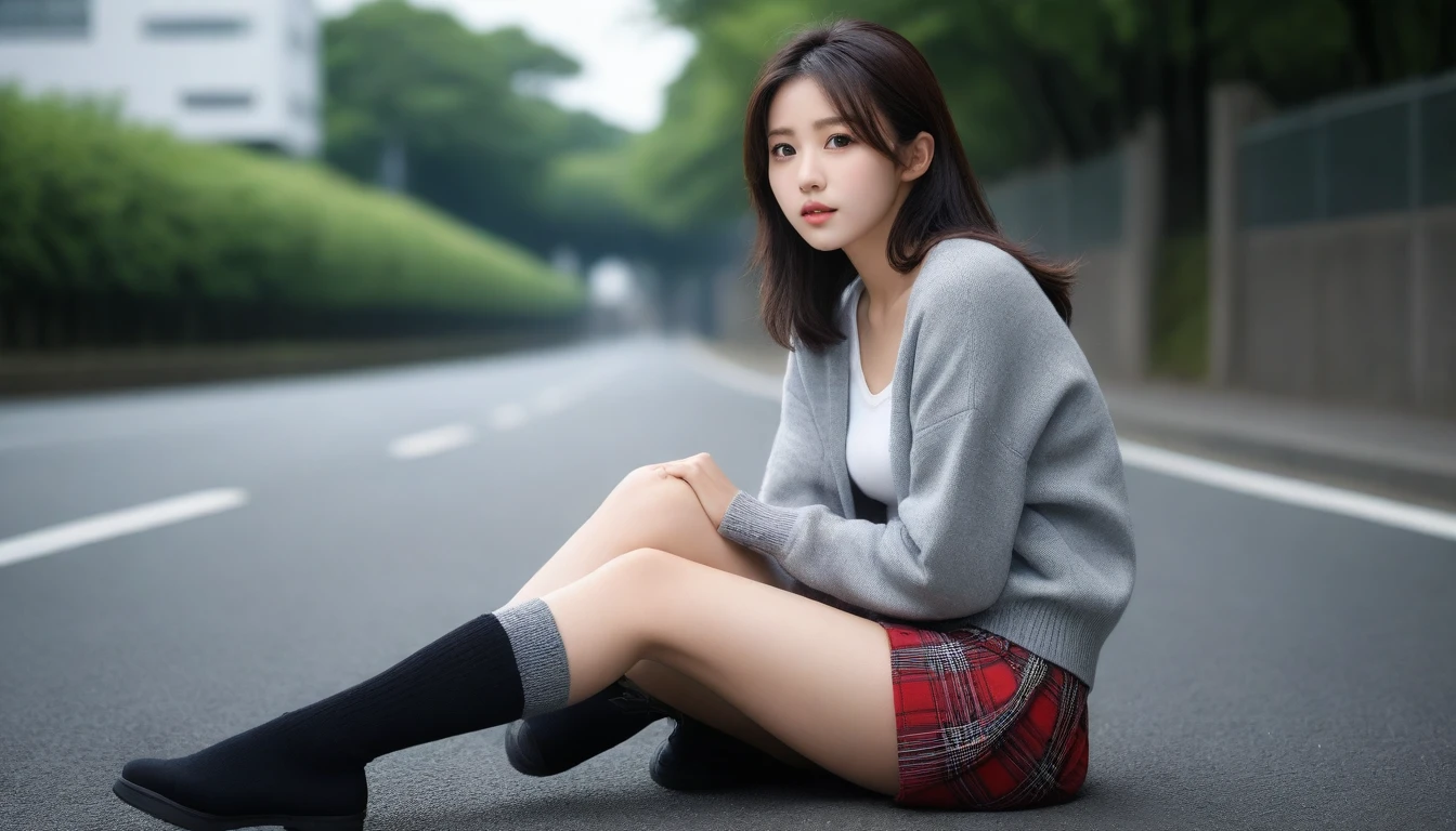 8K, Ultra-high resolution, Highest quality, masterpiece, 三分割法によるphotograph,Surreal, photograph, 1 Girl, (16 years old:1.3), pretty girl, Cute face, Beautiful eyes in every detail, 細かくdetailedに,masterpiece,One Girl:1.2, Japan Female Announcer,whole body,from below,Fearful expression,Black Hair,Messy hair,Cyber city of the near future,Wearing a cardigan sweater on your back、Girl sitting in the middle of the road, Plaid pencil skirt, High socks and black shoes,Beautiful leg line beauty,Realistic Skin, Perfect and beautiful face ,完璧でCute face, Skin with attention to detail, Perfect limbs、Narrow waist、Thin legs),Looking at the audience、beauty,Long neck、(((Ideal body type))),A cup small breasts :2,Portraiture:2,Perfect Anatomy,鮮明なdetailed,detailed,Surreal,Light and shadow,darkness