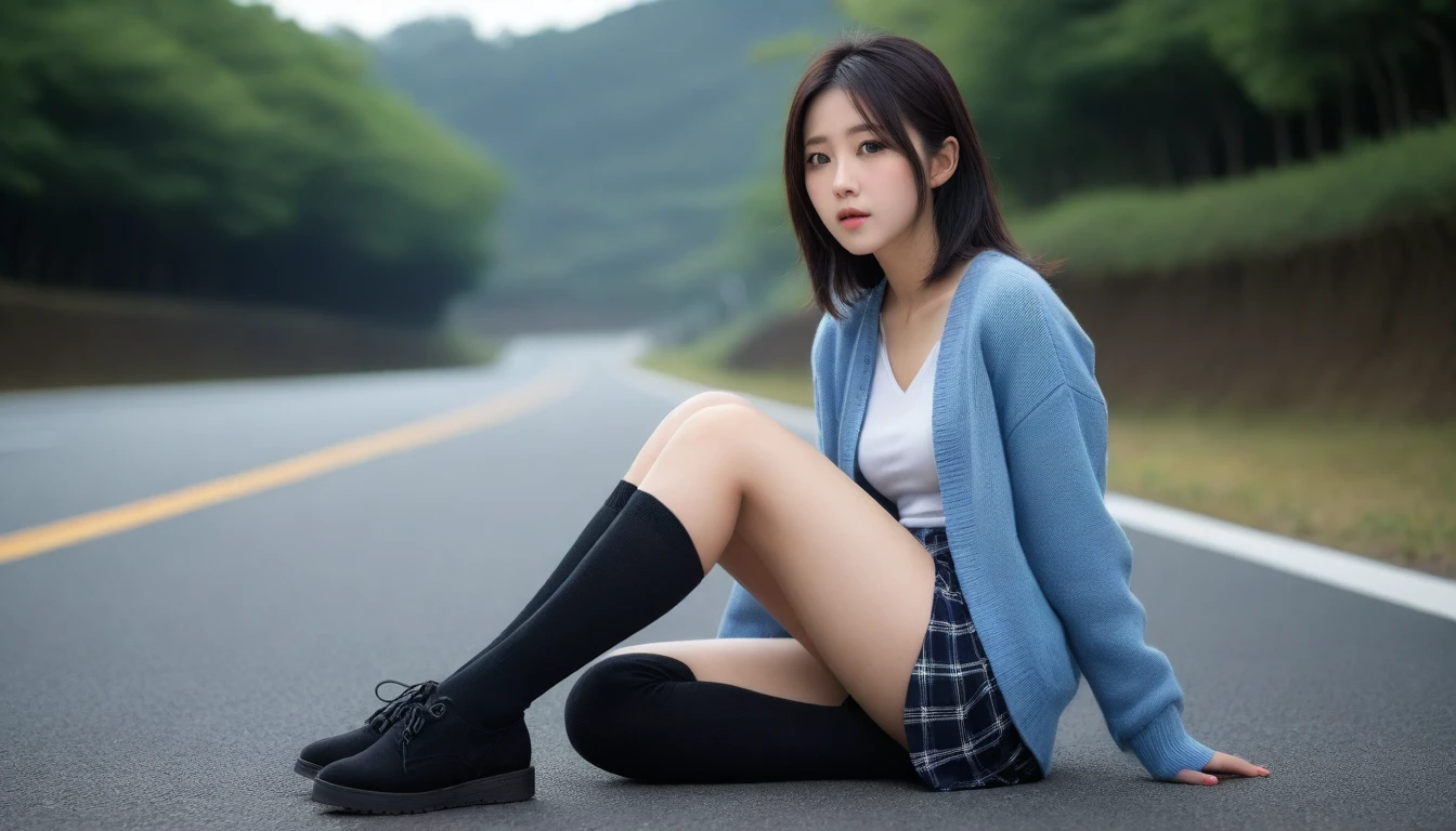 8K, Ultra-high resolution, Highest quality, masterpiece, 三分割法によるphotograph,Surreal, photograph, 1 Girl, (16 years old:1.3), pretty girl, Cute face, Beautiful eyes in every detail, 細かくdetailedに,masterpiece,One Girl:1.2, Japan Female Announcer,whole body,from below,Fearful expression,Black Hair,Messy hair,Cyber city of the near future,Wearing a cardigan sweater on your back、Girl sitting in the middle of the road, Plaid pencil skirt, High socks and black shoes,Beautiful leg line beauty,Realistic Skin, Perfect and beautiful face ,完璧でCute face, Skin with attention to detail, Perfect limbs、Narrow waist、Thin legs),Looking at the audience、beauty,Long neck、(((Ideal body type))),A cup small breasts :2,Portraiture:2,Perfect Anatomy,鮮明なdetailed,detailed,Surreal,Light and shadow,darkness