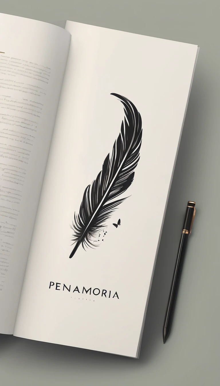 A minimal, modern, simple, cinematic logotype for the brand “Penamemoria". The logotype must be a simple, magical feather. The logo must convey a sense of music, stories and dreams. Logo design impressed on a book cover. Minimalistic logo
