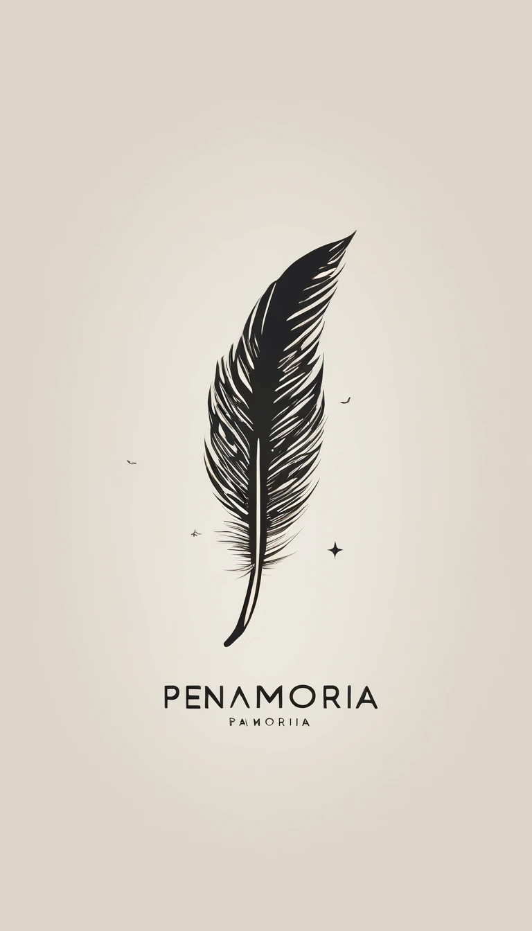 A minimal, modern, simple, cinematic logotype for the brand “Penamemoria". The logotype must be a simple, magical feather. The logo must convey a sense of music, stories and dreams. Logo design impressed on a book cover. Minimalistic logo