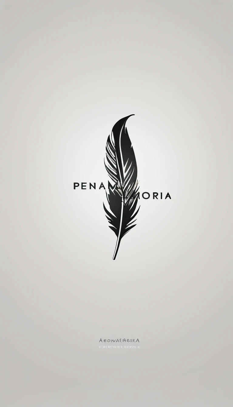 A minimal, modern, simple, cinematic logotype for the brand “Penamemoria". The logotype must be a simple, magical feather. The logo must convey a sense of music, stories and dreams. Logo design impressed on a book cover. Minimalistic logo