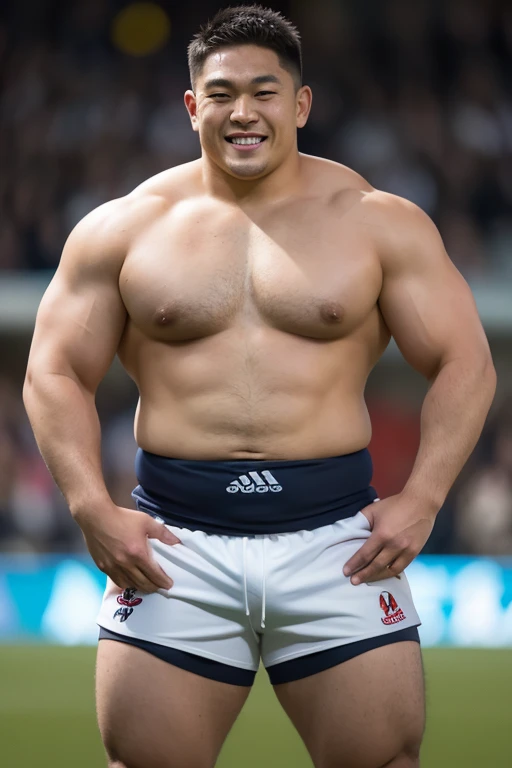 ((highest quality)), ((masterpiece)), (detailed), ((Perfect Face)), 4k, Shaved head, Young Japanese, Muscular, Fat body, Very big man, smile, ((showing off crotch)) A large Japanese man shirtless、whole body、Rugby player、Thick legs、Thick arm muscles、Intimidating、whole body、wearing a very tight and very short black-shorts,  (shirtless)、((At the rugby field)), haka dance