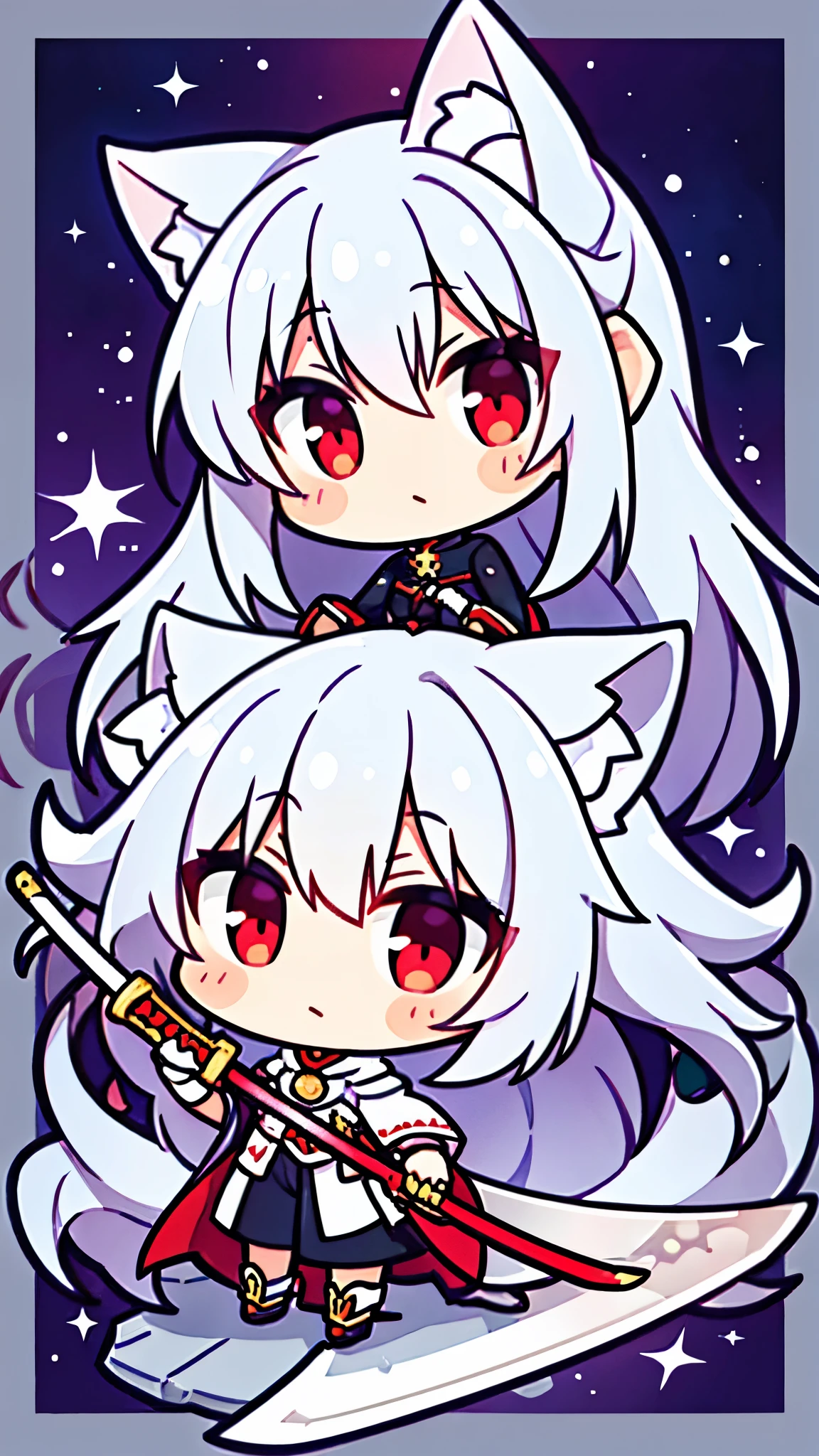 Silver-haired fox with light red pupils holding a long sword with cosmic background
