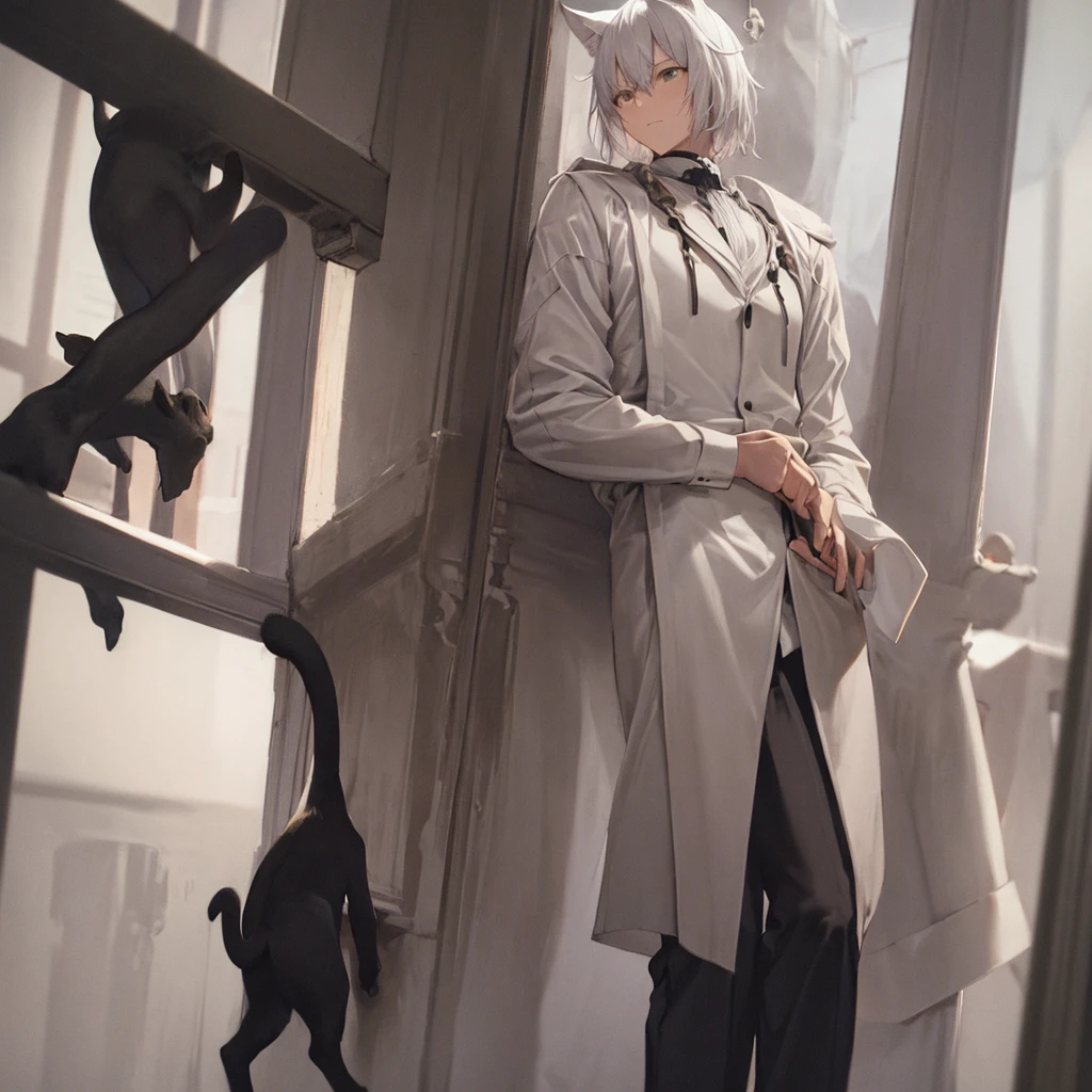 A white haired, tailless man with small cat ears.