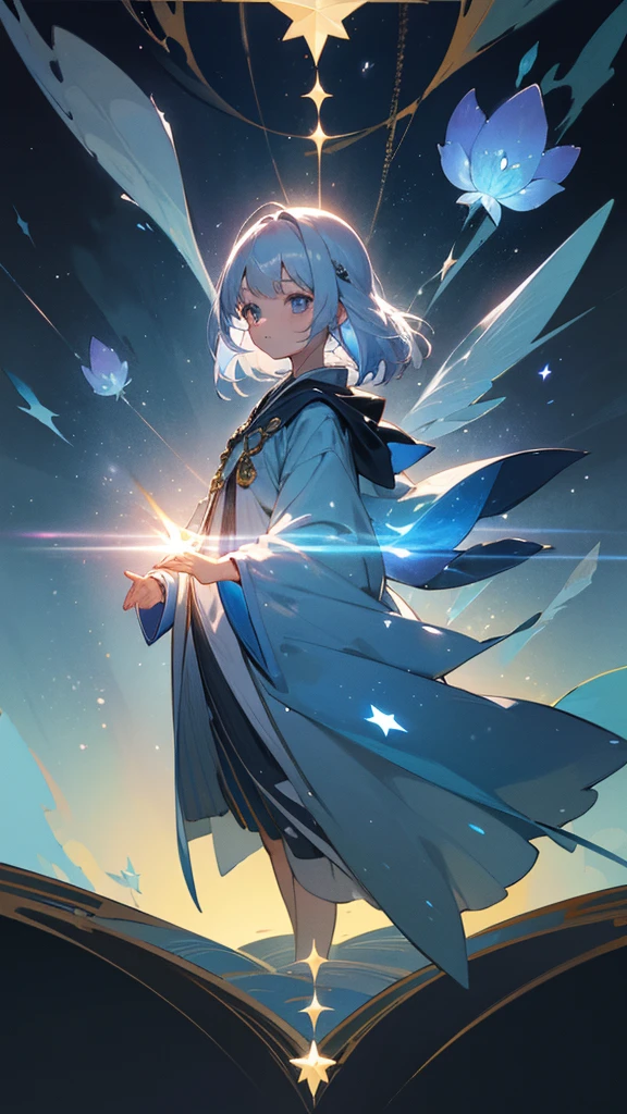 Highest quality,masterpiece,Detailed Details,Super detailed,colorful,The background is the deep blue sea,Transparency,Use HDR technology to create a sense of depth,beautiful,beautiful自然,5 year old girl,Alone,Wearing a wizard's robe,Stand in the center of the screen,The whole body faces this way,Look diagonally forward to the left,Put your right hand forward in a three-dimensional way,A star-like light from the right,Light magic from the right hand,Narrow and gentle eyes,mysterious,Silver hair decorated with blue flowers,Fantasy atmosphere,beautiful虹色の蝶々is flying in the air