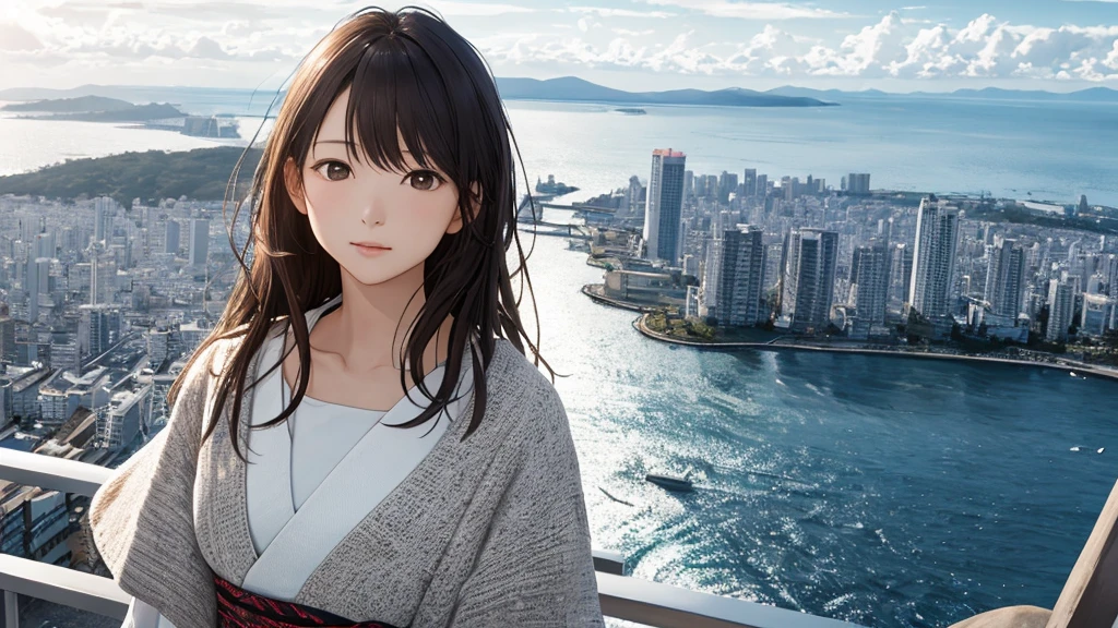 Shiraishi Mei, Looks exactly like Shiraishi Mei,Oceanの方を向いている後ろ姿、Woman looking up at the sky ,Long Hair,  Dark brown hair, 2 girls, 18-year-old, photograph, Realistic, Highest quality, Detailed face, The background is the cityscape of Japan、Strong sunlight, Ocean, Embankment, Detailed Background, Diffused sunlight, Written boundary depth, Bokeh (Highest quality: 1.2), (masterpiece: 1.2), Watch Viewer, one piece, White Theme, ,Vision、(((Panorama:1.2)))