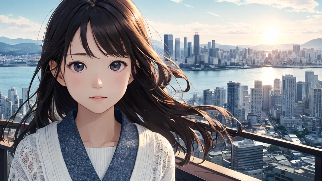 Shiraishi Mei, Looks exactly like Shiraishi Mei,Oceanの方を向いている後ろ姿、Woman looking up at the sky ,Long Hair,  Dark brown hair, 2 girls, 18-year-old, photograph, Realistic, Highest quality, Detailed face, The background is the cityscape of Japan、Strong sunlight, Ocean, Embankment, Detailed Background, Diffused sunlight, Written boundary depth, Bokeh (Highest quality: 1.2), (masterpiece: 1.2), Watch Viewer, one piece, White Theme, ,Vision、(((Panorama:1.2)))