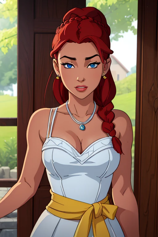 ((ultra quality)), ((tmasterpiece)), gnome girl, Short stature, ((red hair, hairlong, braided)), (silver ear rings), (silver necklace around the neck), (Beautiful cute face), (beautiful female lips), Charming, ((sexy facial expression)), is looking at the camera, eyes are slightly closed, (Skin color: white), Body glare, ((detailed beautiful female eyes)), ((dark blue eyes)), (juicy female lips), (beautiful female hands), (A bit full figure, bun), ((perfect female figure)), perfect female body, Beautiful waist, Gorgeous hips, Beautiful large breasts, ((Subtle and beautiful)), seductively worth it (Rear view) (close-up of the face), (wearing a short, tight, yellow sundress) background: on the threshold of the house, Hot day, ((Depth of field)), ((high quality clear image)), (crisp details), ((higly detailed)), Realistic, Professional Photo Session, ((Clear Focus)), the anime
