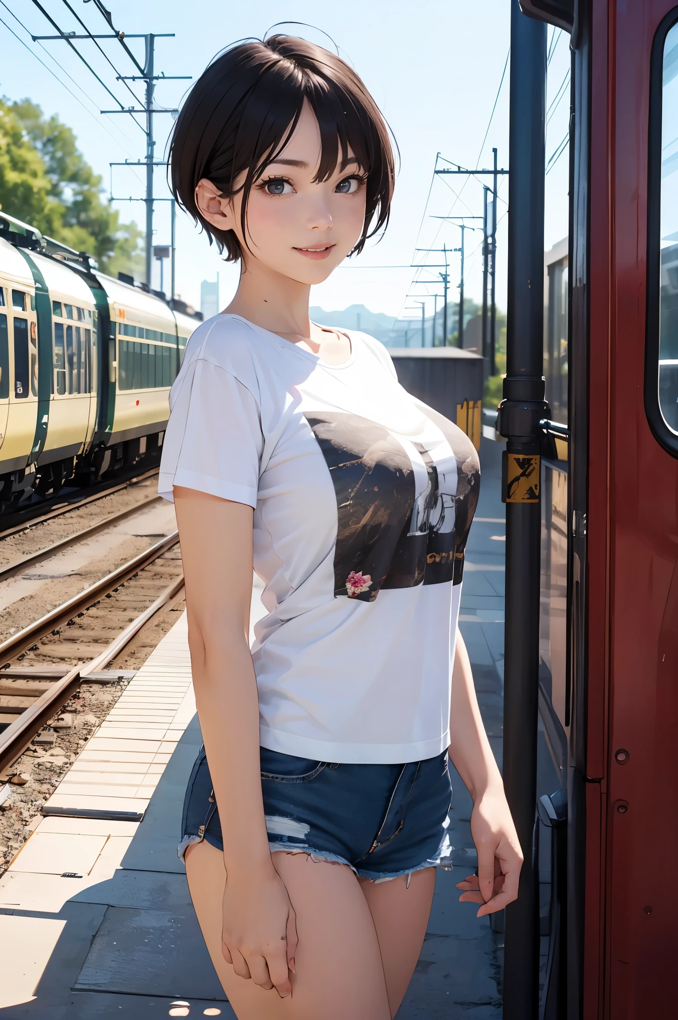 (best quality, ultra detailed, absolutely resolution:1.3), (realistic), looking at viewer, cheerful girl, female Traveler, cowboy shot, walking, T-shirt, short shorts, short hair, Huge railroad station,