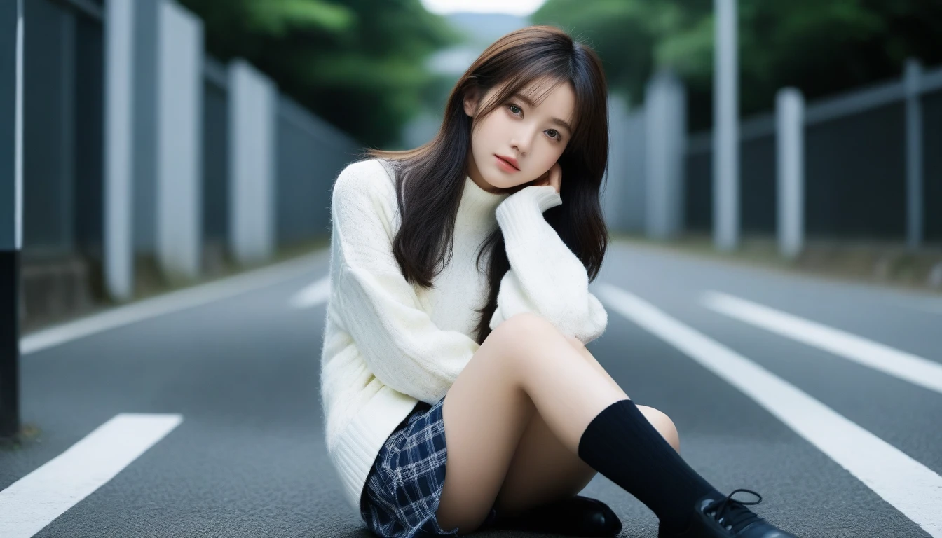 8K, Ultra-high resolution, Highest quality, masterpiece, 三分割法によるphotograph,Surreal, photograph, 1 Girl, (:1.3), pretty girl, Cute face, Beautiful eyes in every detail, 細かくdetailedに,masterpiece,One Girl:1.2, Japan Female Announcer,whole body,from below,Fearful expression,Black Hair,Messy hair,Cyber city of the near future,Wearing a cardigan sweater on your back、Girl sitting in the middle of the road, Plaid pencil skirt, High socks and black shoes,Beautiful leg line beauty,Realistic Skin, Perfect and beautiful face ,完璧でCute face, Skin with attention to detail, Perfect limbs、Narrow waist、Thin legs),Looking at the audience、beauty,Long neck、(((Ideal body type))),A cup small breasts :2,Portraiture:2,Perfect Anatomy,鮮明なdetailed,detailed,Surreal,Light and shadow,darkness