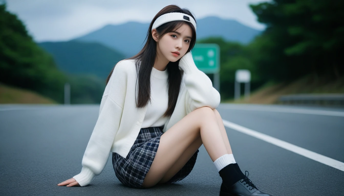 8K, Ultra-high resolution, Highest quality, masterpiece, 三分割法によるphotograph,Surreal, photograph, 1 Girl, (16 years old:1.3), pretty girl, Cute face, Beautiful eyes in every detail, 細かくdetailedに,masterpiece,One Girl:1.2, Japan Female Announcer,whole body,from below,Fearful expression,Black Hair,Messy hair,Cyber city of the near future,Wearing a cardigan sweater on your back、Girl sitting in the middle of the road, Plaid pencil skirt, High socks and black shoes,Beautiful leg line beauty,Realistic Skin, Perfect and beautiful face ,完璧でCute face, Skin with attention to detail, Perfect limbs、Narrow waist、Thin legs),Looking at the audience、beauty,Long neck、(((Ideal body type))),A cup small breasts :2,Portraiture:2,Perfect Anatomy,鮮明なdetailed,detailed,Surreal,Light and shadow,darkness
