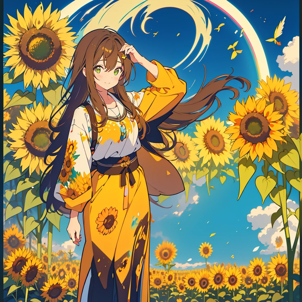 kawaii, anime, Cute, hyper quality, highly detailed, 16k, Front facing, Clarity, full body, one twenty year old woman, stain the whole thing with colorful ink, long brown hair, green eyes, paint color, countless sunflowers, surrounded by sunflowers, Trapped inside a Van Gogh painting, ephemeral, paint, paint, brush, live inside the canvas, art supplies, oil, wonder, mysterious, rainbow colored sunflowers, Richly colored, Brightly colored sunflowers, highlight on eyes, smile, splattered ink, scribble, countless handwritings, color palette, the bell rings, long hair flowing, Draw eyes clearly, art, taken in by sunflowers,