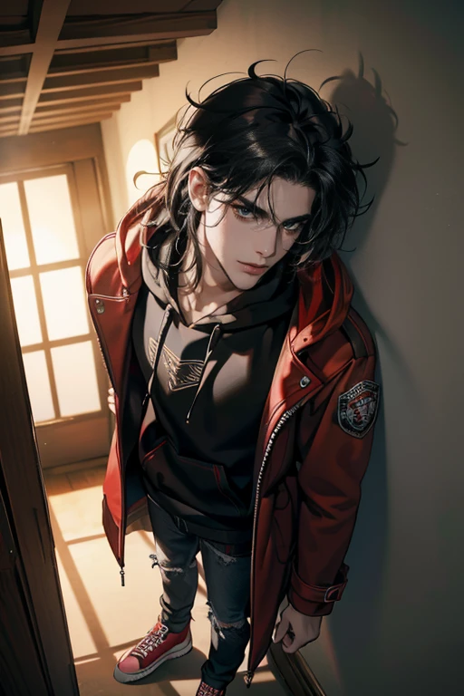 (tmasterpiece, high resolution, ultra - detailed:1.0), (1 boy, male), Eyes looking at the camera, Perfect male body, Delicate eyes and delicate face, Extremely detailed CG, 8K wallpaper, Complicated details, solo person, Detailed face,(Red jacket, Black hoodie, wind coat, long black jeans, Red sneakers, Evil smile, Straight black hair, Messy hair, jail cell, underground room), color difference, Depth of field, dramatic shadow, Ray tracing, Best quality, Cinematic lighting, offcial art, Portrait