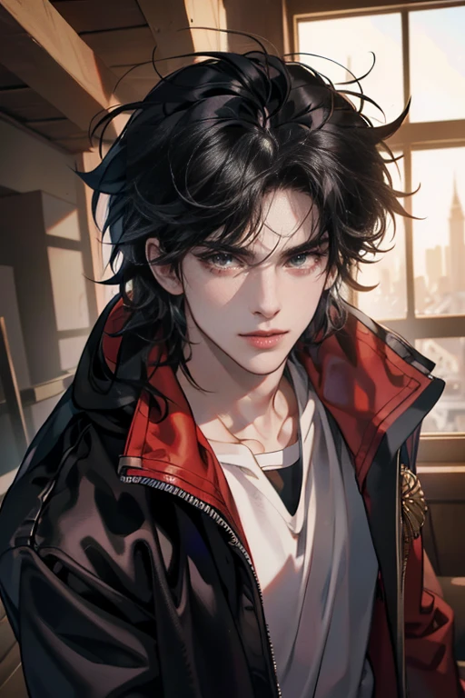 (tmasterpiece, high resolution, ultra - detailed:1.0), (1 boy, male), Eyes looking at the camera, Perfect male body, Delicate eyes and delicate face, Extremely detailed CG, 8K wallpaper, Complicated details, solo person, Detailed face,(Red jacket, Black hoodie, wind coat, long black jeans, Red sneakers, Evil smile, Straight black hair, Messy hair, jail cell, underground room), color difference, Depth of field, dramatic shadow, Ray tracing, Best quality, Cinematic lighting, offcial art, Portrait