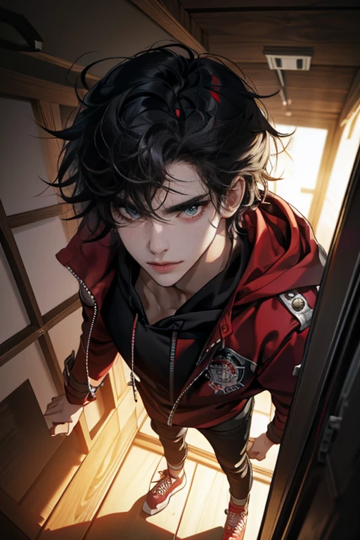 (tmasterpiece, high resolution, ultra - detailed:1.0), (1 boy, male), Eyes looking at the camera, Perfect male body, Delicate eyes and delicate face, Extremely detailed CG, 8K wallpaper, Complicated details, solo person, Detailed face,(Red jacket, Black hoodie, wind coat, long black jeans, Red sneakers, Evil smile, Straight black hair, Messy hair, jail cell, underground room), color difference, Depth of field, dramatic shadow, Ray tracing, Best quality, Cinematic lighting, offcial art, Portrait