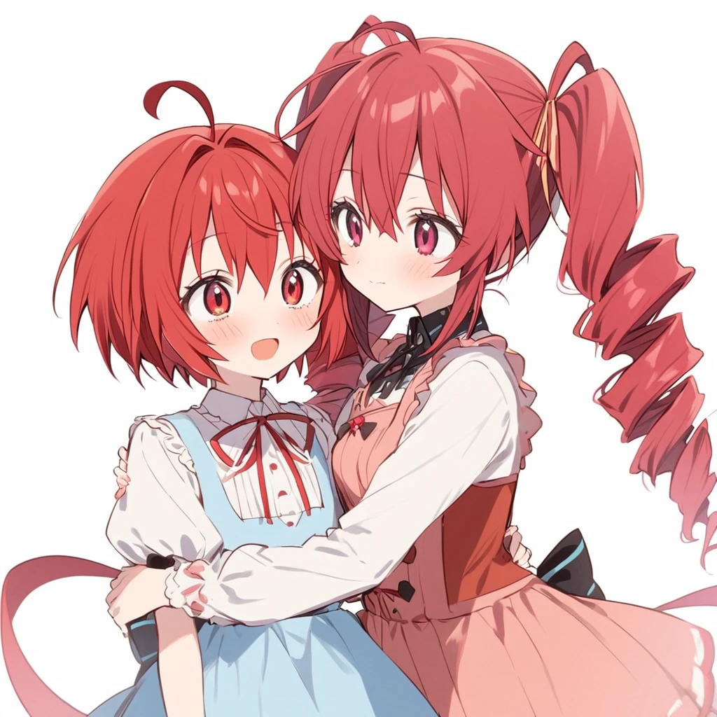 two girls , hatunemiku（Sky blue twin tail hair, cute girl）,and teto kasane（Red hair vertical rolls girl cute,teto kasane, ahoge, RED eyes, drill hair, RED hair,）
Embrace each other,they are A merry cry,White background
