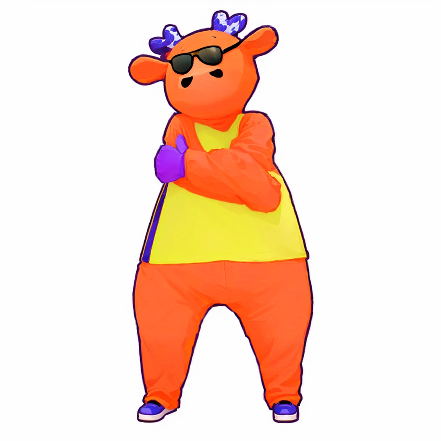 Wear a shirt、Wearing sunglasses、Cartoon cow with crossed arms, Full body mascot, ( cow wearing sunglasses, dancing character, Created using Adobe Illustrator, Teddy Fresh, Orange body, Created using Adobe Illustrator, Cartoon shading:15, Official Art, Merge roles, an anthropomorphic deer, Official illustrations, Full body clothing, Low resolution, posture