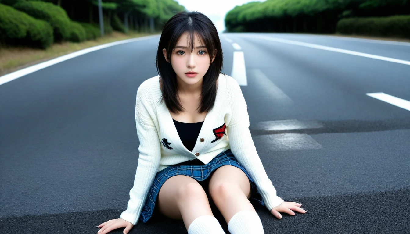 8K, Ultra-high resolution, Highest quality, masterpiece, 三分割法によるphotograph,Surreal, photograph, 1 Girl, (16 years old:1.3), pretty girl, Cute face, Beautiful eyes in every detail, 細かくdetailedに,masterpiece,One Girl:1.2, Japan Female Announcer,whole body,from below,Fearful expression,Black Hair,Messy hair,Cyber city of the near future,Wearing a cardigan sweater on your back、Girl sitting in the middle of the road, Plaid pencil skirt, High socks and black shoes,Beautiful leg line beauty,Realistic Skin, Perfect and beautiful face ,完璧でCute face, Skin with attention to detail, Perfect limbs、Narrow waist、Thin legs),Looking at the audience、beauty,Long neck、(((Ideal body type))),A cup small breasts :2,Portraiture:2,Perfect Anatomy,鮮明なdetailed,detailed,Surreal,Light and shadow,darkness
