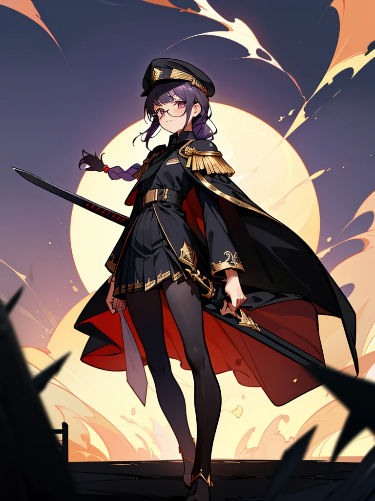 realisitic, City Deserted, Pile of rubble, Brick building, a one woman (18 years old, far away blackw hair, far away slits, Eyes red, glare eyes, 精致的面容, standing (In floor, feet shoulder-width apart), Lolita style military uniform (blackw base, Red Insert, golden decoration, volantes, wide sleeves, dainty and delicate detailing armors), blackw far away gloves (blackw, Red Insert, golden decoration, small hands, armors), blackw far away gloves, knee high boots (blackw, high-heels, red soles), ha (blackw, aba dourada, shield emblem, delicate details), arms in front, Front of belly, Holding military swords with both hands (blackw, golden decoration, delicate detail, Handle at the top, Ground-facing blade, in front of the body, far away), night sky (blackw, stele, Increased flames and smoke) Pale painting style, One Girl, super high quality, Super Detail, Super Detailed image, long hair, looking at viewer, skirt, shirt, hair ornament, violet eyes, gloves, round glasses, long sleeves, hat, closed mouth, jacket, violet hair, braid, open clothes, necktie, black gloves, black skirt, uniform, single braid, open jacket, black jacket, black headwear, 手链, peaked cap, black necktie, cropped jacket, military hat, pantyhose, Flat Chest, smile, Black Cape
