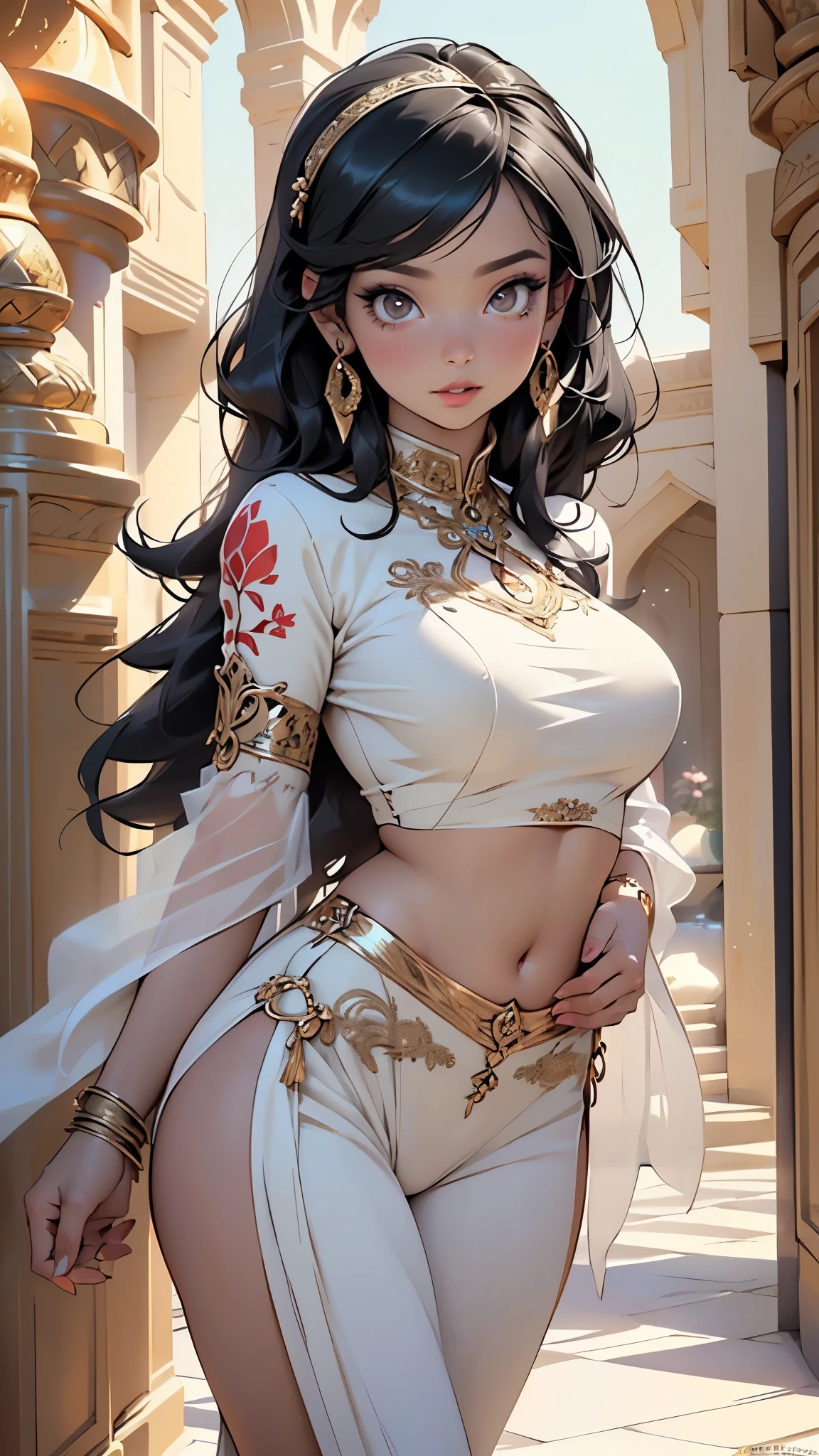 beautiful 16 years old brown girl (pretty face, delicate face, adorable eyes), ((black hair)), wavy hair, voluptuous hair), slim hourglass body (nice physique), diamond tiara, white cloth on her head, golden necklaces on neck, waist, and thighs, beautiful white dress (revealing)
