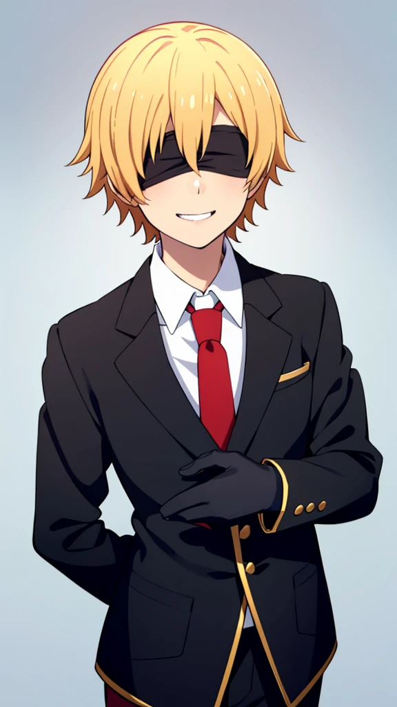 1boy,18s,short hair,blonde hair,smile,solo,(no background, simple background),red necktie,black jacket, blazer,long sleeves,pants,upper body,black Blindfold