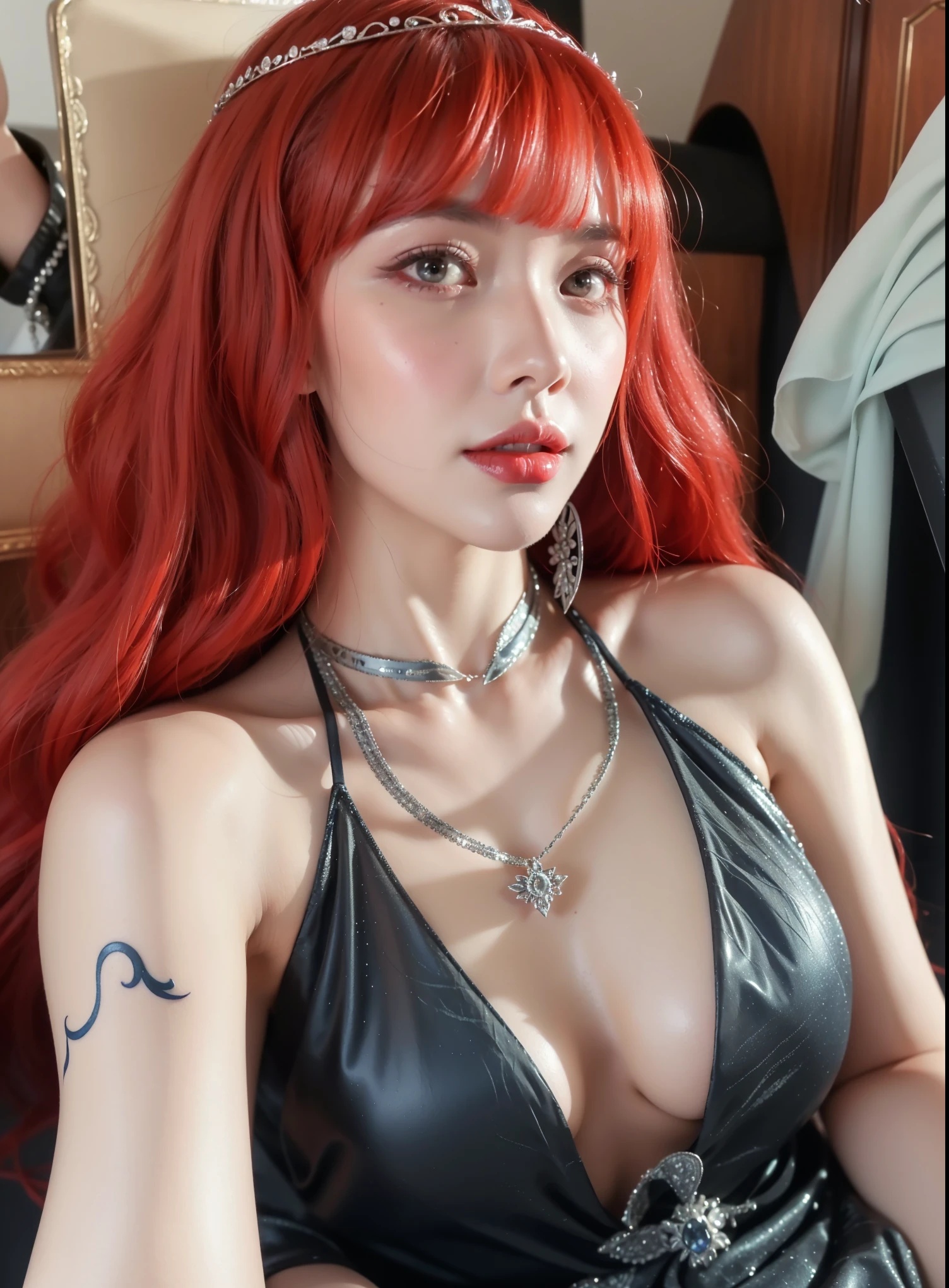 Royal princess,Very detailed, Delicate face, Stock Photography , Portrait 400, F1 Camera Lens.6, Colorful, Surrealism, Realistic textures, Dramatic Lighting, Thin Film Distiller 800 (8K, original photo, Better quality, masterpiece: 1.2), Very detailed, (Extremely delicate skin: 1.2), 8K 超高清, SLR camera, Soft Light, high quality.Fire Queen,Blue pupils,Apply red lipstick,Have a tattoo,The tattoo is very three-dimensional,Gorgeous and intricate tattoo designs,8K Mugshot,Large Breasts,Dark eyeshadow,Sexy thick lips(Red lipstick),Ice Princess,The facial features are very three-dimensional,Gorgeous and exquisite crystal diamond lace wedding dress,Silver Armor,Exquisite and ornate silver decoration,Universe shining diamond gem,Ultra-clear portrait,Very exquisite and gorgeous jewelry,