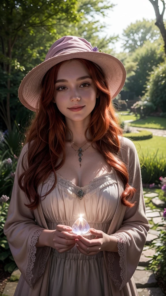 A realistic 25 year old witch, with curly red hair and a slight smile, is in a magical and enchanted garden under soft natural light holding a crystal wearing light clothes and a lilac hat
