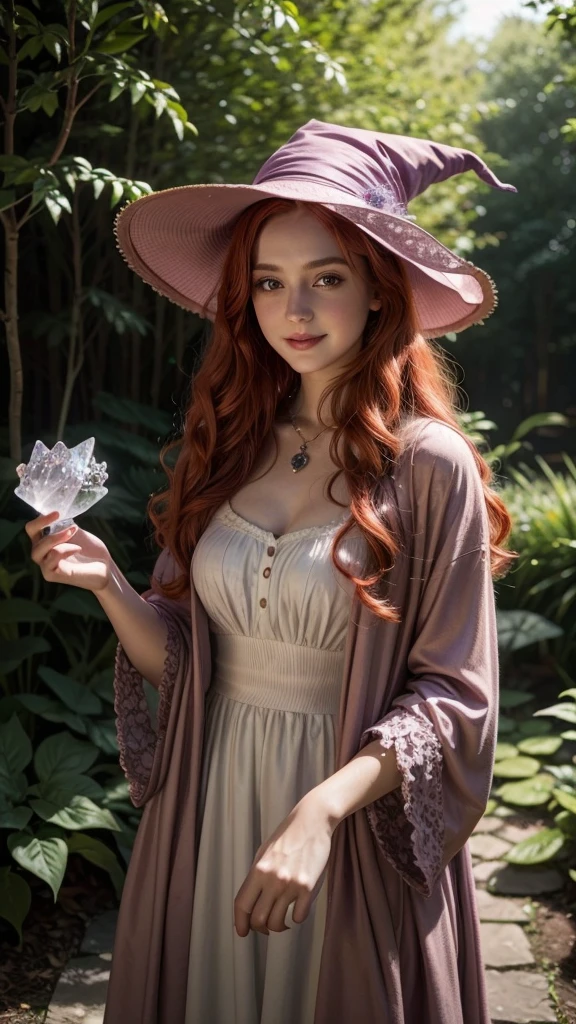 A realistic 25 year old witch, with curly red hair and a slight smile, is in a magical and enchanted garden under soft natural light holding a crystal wearing light clothes and a lilac hat
