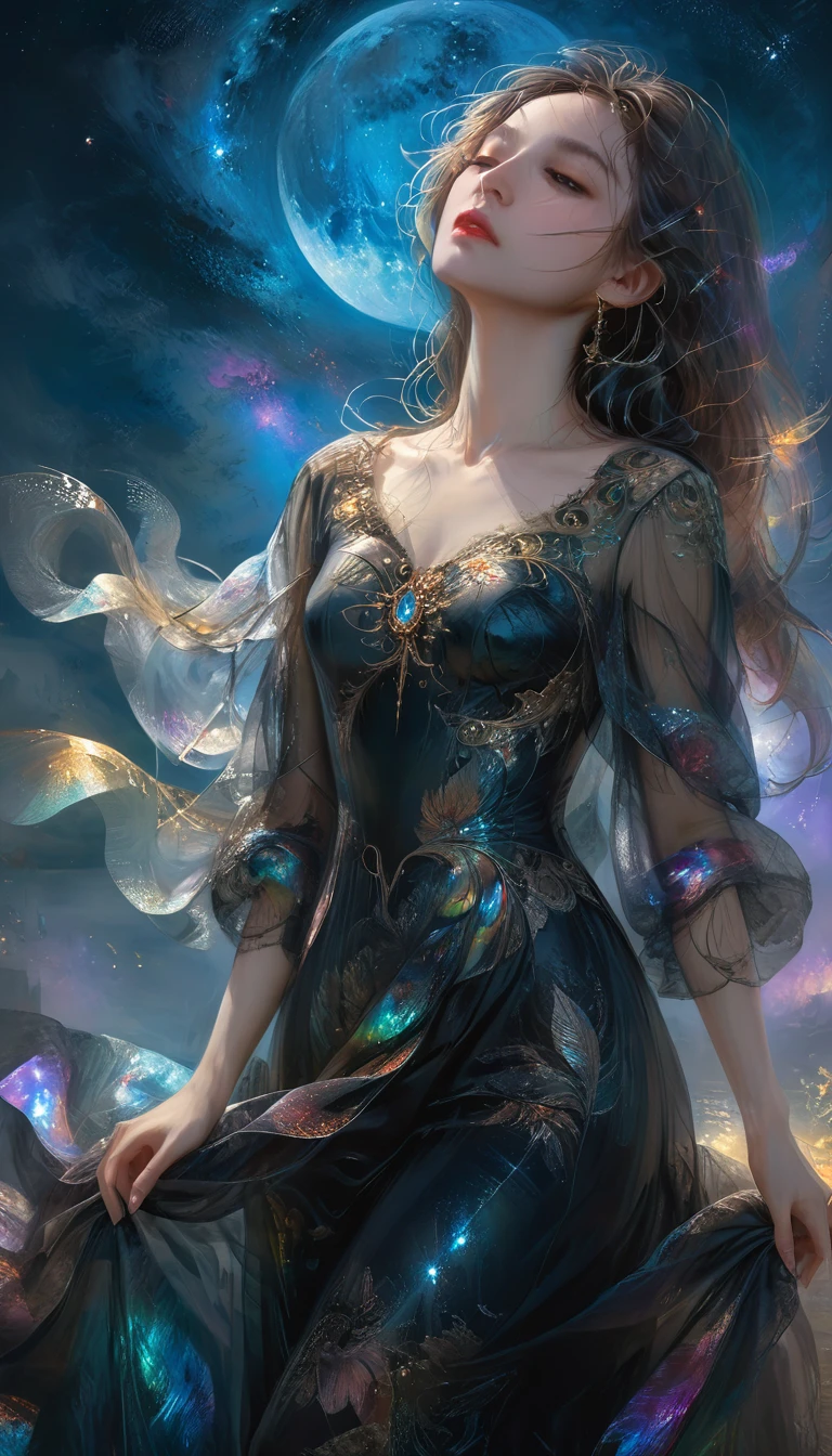 A beautiful solo princess, elegant, detailed, beautiful, (Rubens style), (Romanesque background), (Night Sky), elegant detailed dress, (Artwork by dgtlv2、Henry Asencio、zeen chin、by josephine wall and edwin deakin), (masterpiece), (Good anatomy),