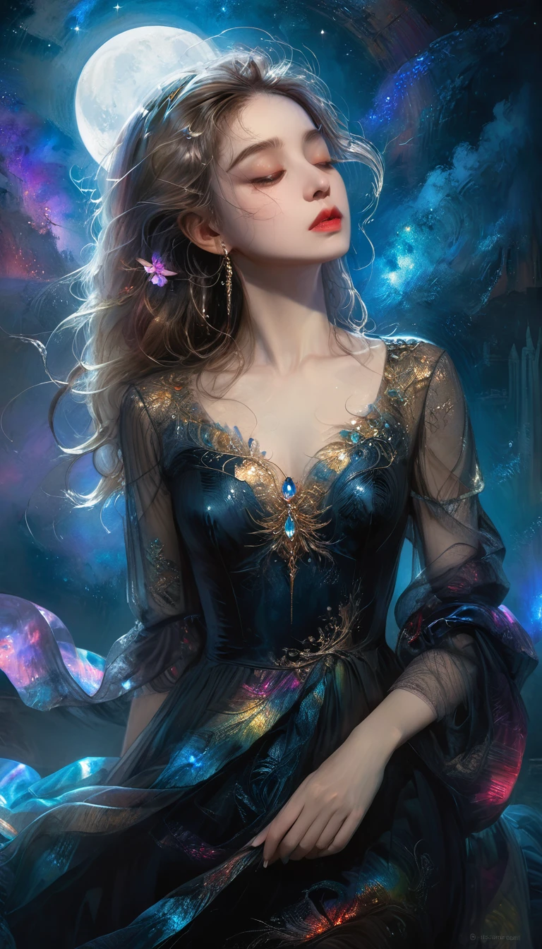 A beautiful solo princess, elegant, detailed, beautiful, (Rubens style), (Romanesque background), (Night Sky), elegant detailed dress, (Artwork by dgtlv2、Henry Asencio、zeen chin、by josephine wall and edwin deakin), (masterpiece), (Good anatomy),