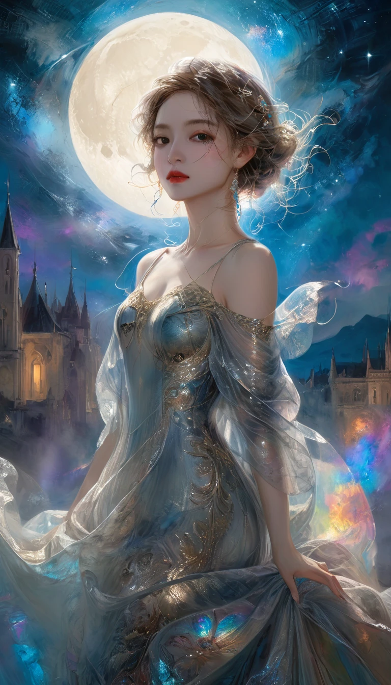 A beautiful solo princess, elegant, detailed, beautiful, (Rubens style), (Romanesque background), (Night Sky), elegant detailed dress, (Artwork by dgtlv2、Henry Asencio、zeen chin、by josephine wall and edwin deakin), (masterpiece), (Good anatomy),