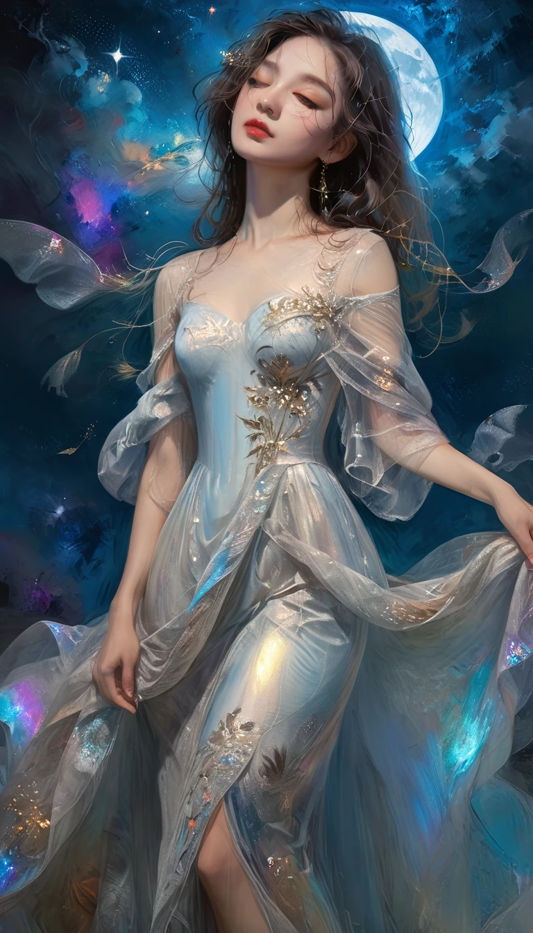 A beautiful solo princess, elegant, detailed, beautiful, (Rubens style), (Romanesque background), (Night Sky), elegant detailed dress, (Artwork by dgtlv2、Henry Asencio、zeen chin、by josephine wall and edwin deakin), (masterpiece), (Good anatomy),